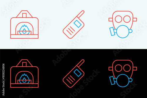Set line Gas mask, Interior fireplace and Walkie talkie icon. Vector