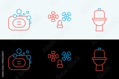 Set line Toilet bowl, Bar of soap and Water tap icon. Vector
