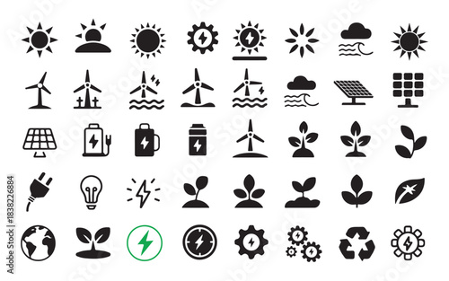 Renewable Energy Bundle Set – Solar, Wind, Eco Power, Sustainability Symbols, Green Technology and Clean Energy Illustrations
