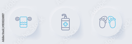 Set line Flip flops, Hand sanitizer bottle and Towel on hanger icon. Vector