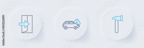 Set line Firefighter axe, Burning car and exit icon. Vector