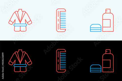 Set line Bottle of shampoo, Bathrobe and Hairbrush icon. Vector