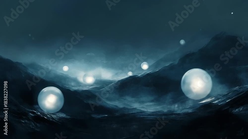 Abstract illustration of glowing orbs floating over undulating water surfaces