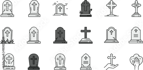 Gravestone and cross icon set, line-art cemetery symbols, remembrance mourning vector pack, cad drawing flat illustration, blackwhite