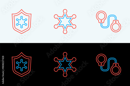 Set line Handcuffs, Police badge and Hexagram sheriff icon. Vector