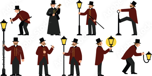 Lamplighter action poses, historical street lamp maintenance, vintage character gestures, urban nostalgia scene, cad drawing flat vector illustration, blackwhite