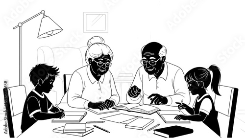 Grandparents Helping Children with Homework Silhouette Line Art in Living Room