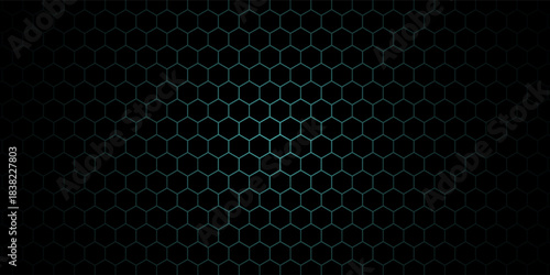 Dark hexagonal technology abstract vector background with purple and green colored bright flashes under hexagon. Hexagonal gaming vector