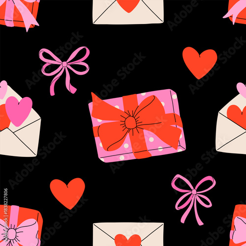 Valentines day elements vector seamless pattern. Gifts, envelope, heart, dessert, messages, candies, locks and other traditional decorations. Cartoon doodle style.