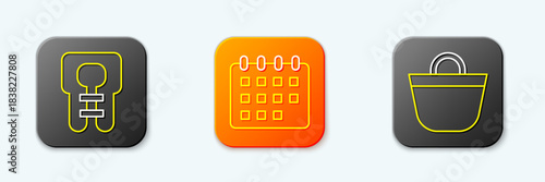 Set line Life jacket, Calendar and Beach bag icon. Vector