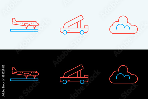 Set line Cloud weather, Plane and Passenger ladder icon. Vector