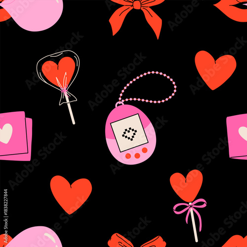 Valentines day elements vector seamless pattern. Gifts, envelope, heart, dessert, messages, candies, locks and other traditional decorations. Cartoon doodle style.