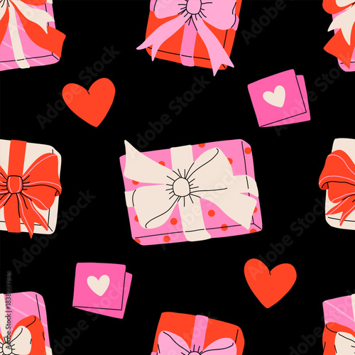 Valentines day elements vector seamless pattern. Gifts, envelope, heart, dessert, messages, candies, locks and other traditional decorations. Cartoon doodle style.