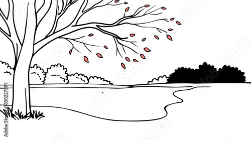Simple Black Line Art Drawing of a Tree in Late Autumn or Early Winter, with a Few Leaves Falling and Bushes in the Background
