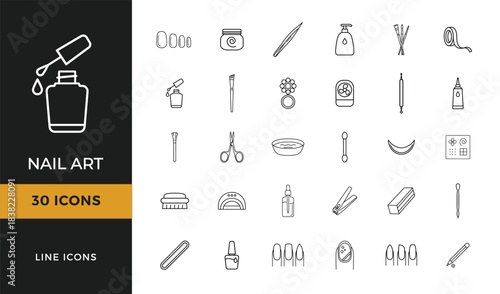 Clean minimal nail art tools supplies thin line icon set, manicure tools, nail shapes, brushes, polish bottles, dotting tools, cuticle accessories, and beauty essentials