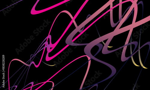 Abstract vector with dynamic curved lines in multicolored gradients on a black background. The modern design conveys energy, movement and a futuristic aesthetic, perfect for backgrounds, posters, etc.