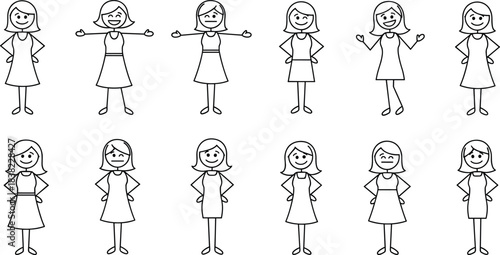 Stick figure woman emotional gestures, body language icons, cartoon female character poses, nonverbal communication, mood expression, cad drawing flat vector illustration