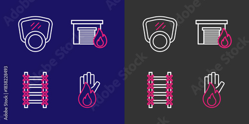Set line No fire, Fire escape, in burning garage and Gas mask icon. Vector
