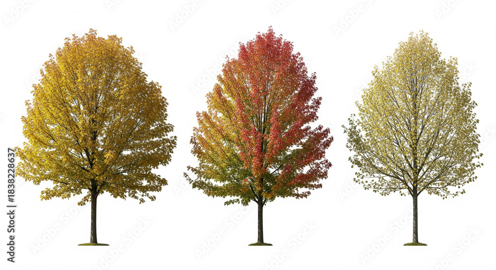 Naklejka premium Autumn Tree Trio: A captivating image showcases three trees each adorned with distinct hues of autumn leaves. A vibrant display of nature's seasonal transformation, emphasizing beauty and contrast.