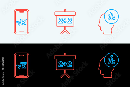 Set line Function mathematical symbol, Square root of x glyph and Chalkboard icon. Vector