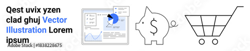 Financial planning, cost management, savings, e-commerce, online business, data visualization. Graph and charts, piggy bank with dollar sign shopping cart. Financial planning and e-commerce theme