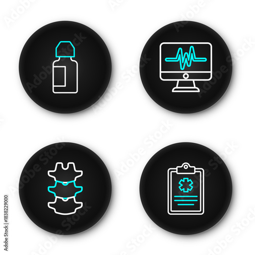 Set line Clinical record, Human spine, Monitor with cardiogram and Eye drop bottle icon. Vector