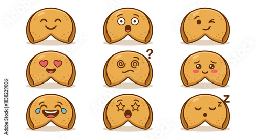 A collection vector of nine cartoon fortune cookies displaying various emoji facial expressions on a white background.