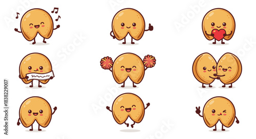 A collection vector of nine cartoon fortune cookies displaying various emoji facial expressions on a white background.