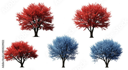 Colorful Trees: A collection of vibrant trees, with foliage in shades of fiery red and cool blue, stand in striking contrast against the backdrop of natural light. 