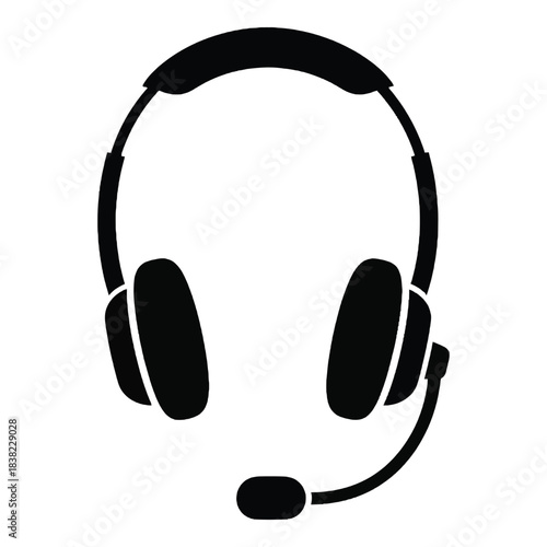 Simple black silhouette of a modern headset with attached microphone