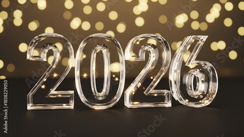 Letreiro 3D 2026 com efeito de cristal transparente iluminado Elegante Luxo Premium