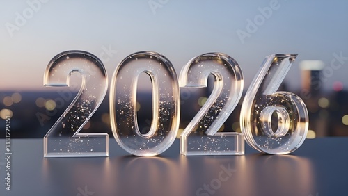 Letreiro 3D 2026 com efeito de cristal transparente iluminado Elegante Luxo Premium