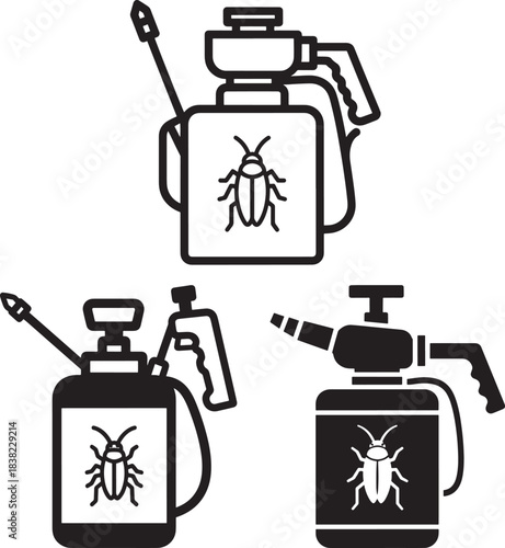 Pest control sprayer icons with insect silhouette