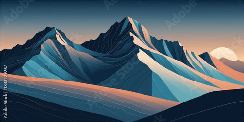 Minimal vector mountains creating a calm gradient scene with soft glowing ridge lines.