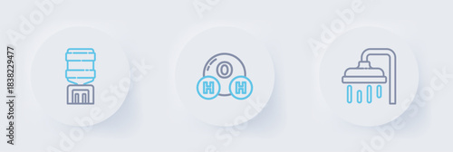 Set line Shower head, Chemical formula for H2O and Water cooler icon. Vector