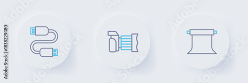 Set line Empty photo studio, Photo camera and USB cable cord icon. Vector