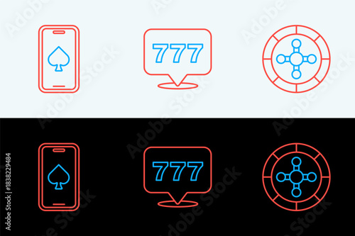Set line Casino roulette wheel, Online poker table game and Slot machine with jackpot icon. Vector