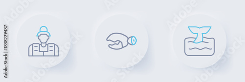 Set line Whale tail in ocean wave, Lobster or crab claw and Fisherman icon. Vector
