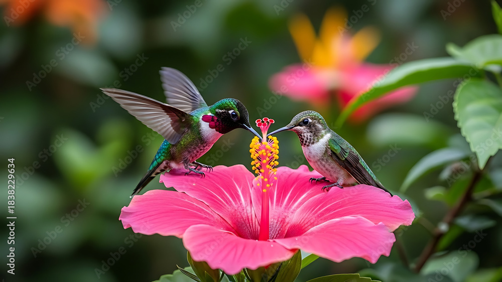 Naklejka premium Two colorful hummingbirds feeding on a vibrant pink hibiscus flower in a lush garden setting