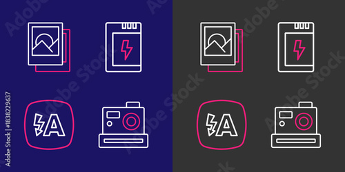 Set line Photo camera, Auto flash, Battery for and frame icon. Vector