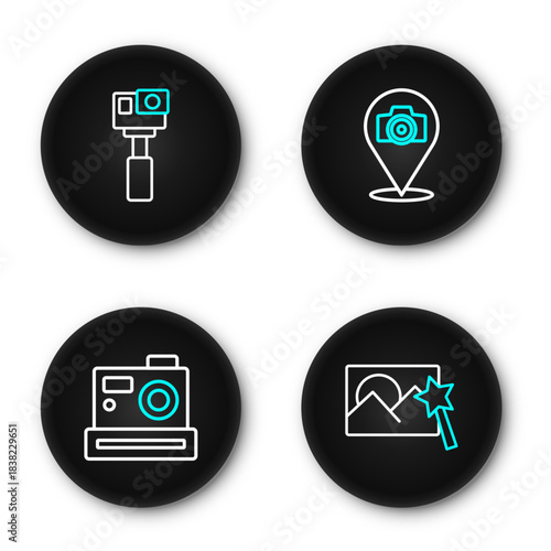 Set line Photo retouching, camera, and Action icon. Vector