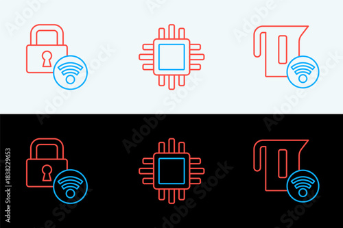 Set line Smart electric kettle, Digital door lock and Processor with CPU icon. Vector