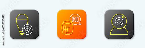 Set line Smart light bulb, Voice assistant and Web camera icon. Vector