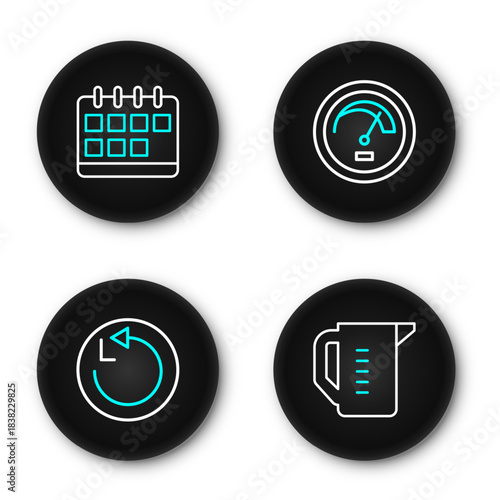 Set line Measuring cup, Radius, Speedometer and Calendar icon. Vector