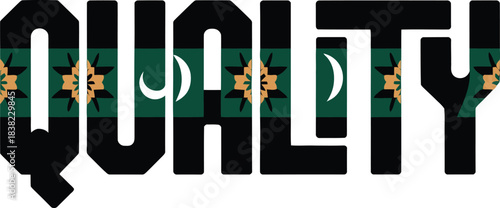 Black green and gold quality text with floral and moon symbols word art graphic design