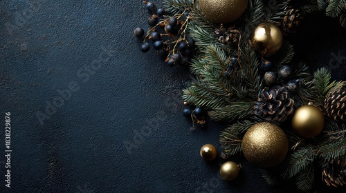 Festive christmas garland with golden baubles and pinecones adorning a dark textured background for holiday decoration
