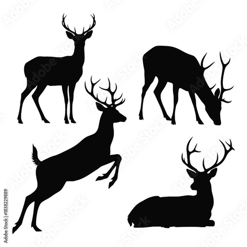 Silhouettes of deer in various poses standing leaping and resting