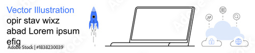 Technology, innovation, cloud services, data storage, online networking, business tools. Minimalist design of a laptop, a rocket and cloud storage icons. Technology and innovation illustrations