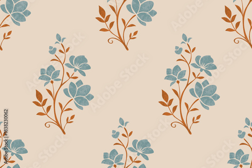 Vintage Floral Seamless Pattern with Blue Blooms on Beige Background. elegant textile and fabric print, classic decorative ornament for fashion and interior wallpaper. 