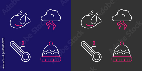 Set line Winter hat, Meteorology thermometer, Storm and Roasted turkey chicken icon. Vector